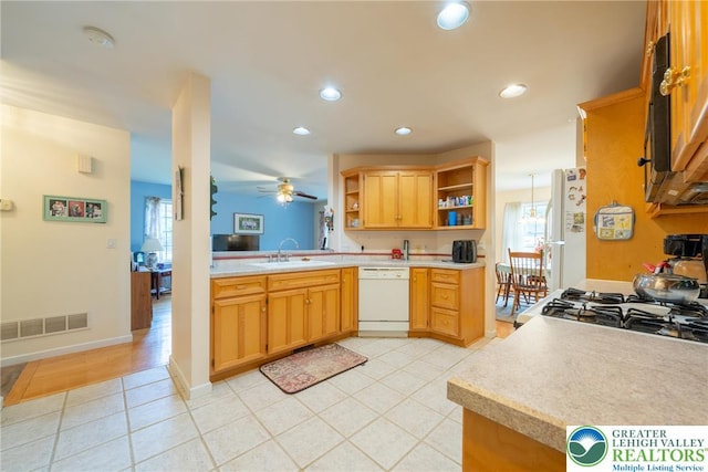 11 Apache Dr, Upper Mt Bethel Twp, PA 18343 - kitchen featuring white appliances, open shelves, light countertops, light tile patterned floors, and recessed lighting