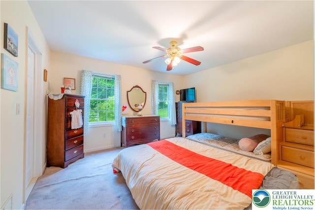 11 Apache Dr, Upper Mt Bethel Twp, PA 18343 - bedroom with light carpet and ceiling fan