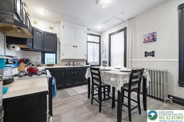 519 N 8th St, Allentown City, PA 18102 - kitchen featuring gas range oven, light countertops, dark cabinets, light wood-type flooring, and radiator heating unit