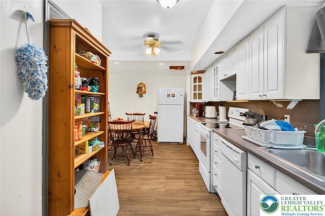 485 S Walnut St, Slatington Boro, PA 18080 - kitchen with white appliances, white cabinetry, light wood-style flooring, a ceiling fan, and open shelves