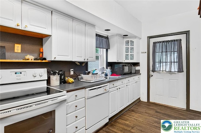 485 S Walnut St, Slatington Boro, PA 18080 - kitchen featuring white appliances, dark wood-style floors, decorative backsplash, and white cabinets