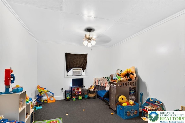 485 S Walnut St, Slatington Boro, PA 18080 - playroom with crown molding, ceiling fan, cooling unit, and carpet