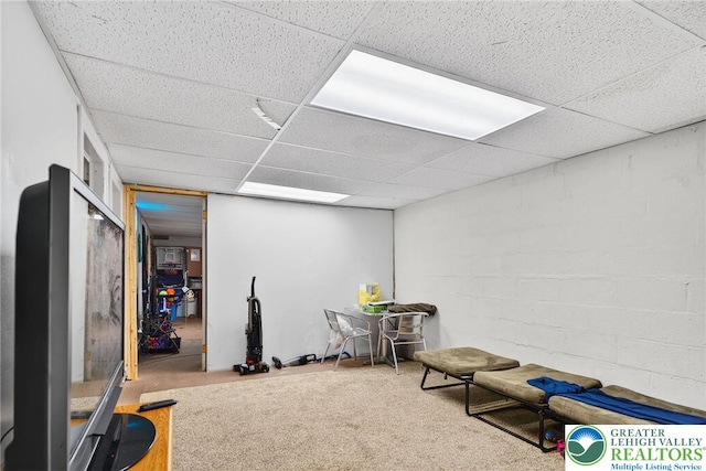 485 S Walnut St, Slatington Boro, PA 18080 - recreation room featuring a paneled ceiling, concrete block wall, and carpet floors