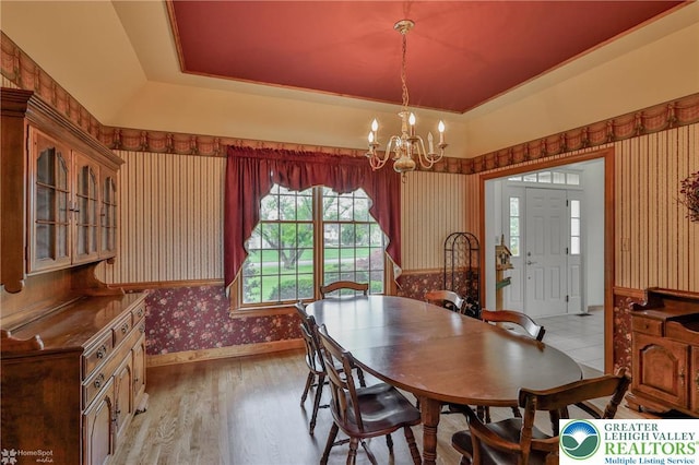 634 Country Club Rd, Easton, PA 18045 - dining space featuring wallpapered walls, a chandelier, light wood finished floors, and a tray ceiling