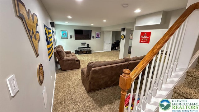 102 Gray Dr, Allen Twp, PA 18067 - living area featuring carpet flooring, recessed lighting, and stairway