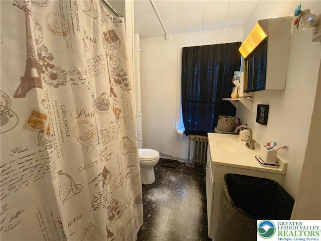 209 Northampton St, Easton, PA 18042 - bathroom with vanity, wood-type flooring, radiator, crown molding, and curtained shower