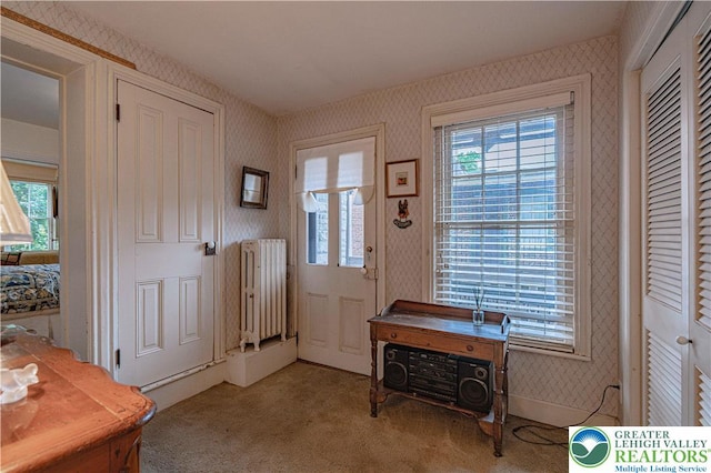 407 N 8th St, Allentown City, PA 18102 - foyer entrance with radiator heating unit, wallpapered walls, and carpet flooring