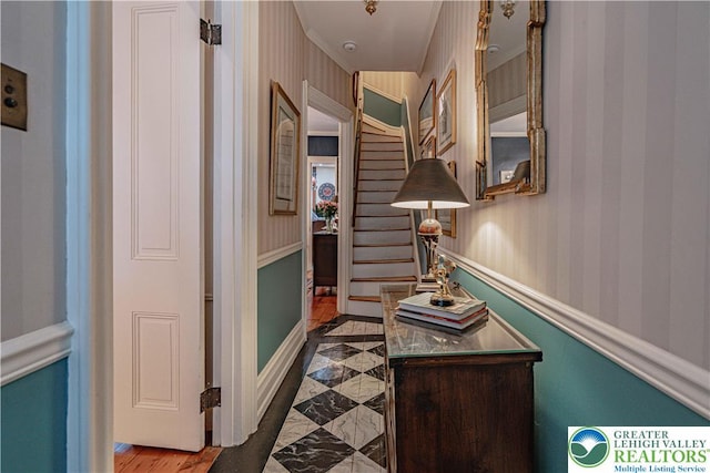 407 N 8th St, Allentown City, PA 18102 - hall with wallpapered walls and wood finished floors