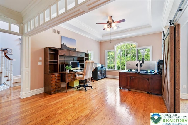 2051 Forge Run, Bethlehem City, PA 18015 - office space featuring light wood finished floors, ceiling fan, a raised ceiling, a barn door, and ornamental molding