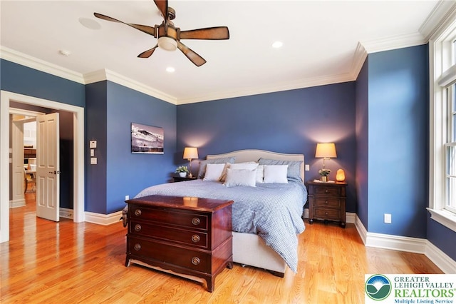 2051 Forge Run, Bethlehem City, PA 18015 - bedroom with light wood finished floors, ornamental molding, multiple windows, a ceiling fan, and recessed lighting