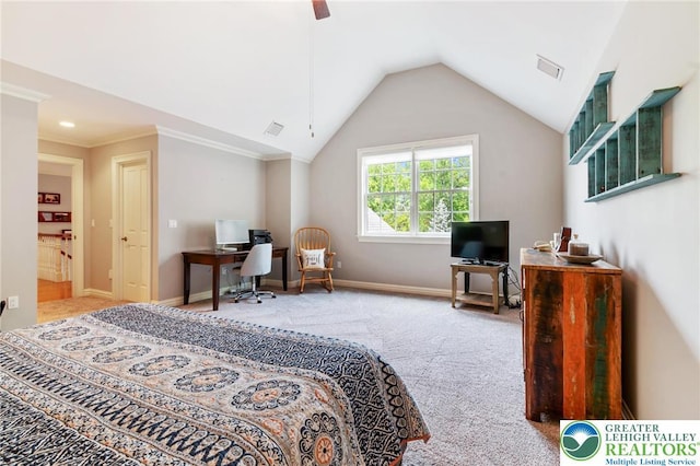 2051 Forge Run, Bethlehem City, PA 18015 - carpeted bedroom with an office area, lofted ceiling, crown molding, and ceiling fan