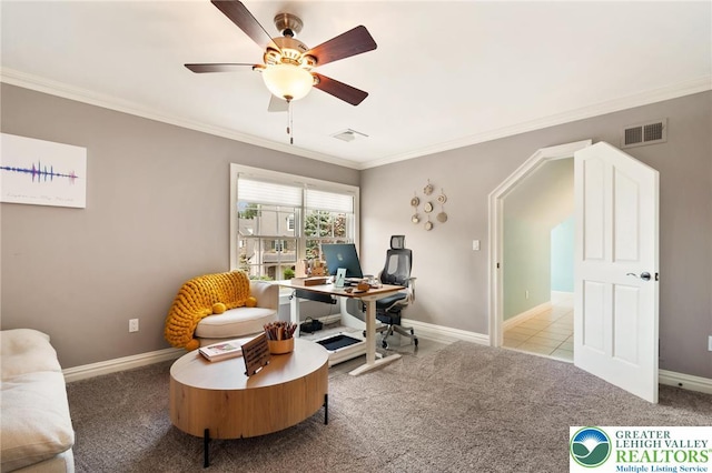 2051 Forge Run, Bethlehem City, PA 18015 - home office with ornamental molding, carpet flooring, and ceiling fan