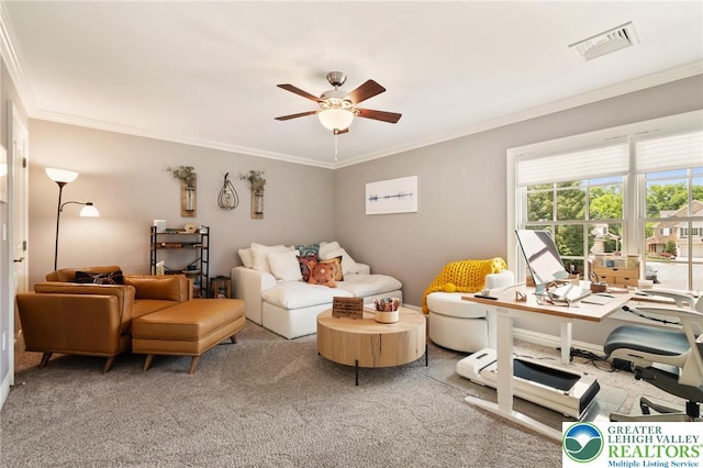 2051 Forge Run, Bethlehem City, PA 18015 - carpeted living room with a ceiling fan, crown molding, and an office area