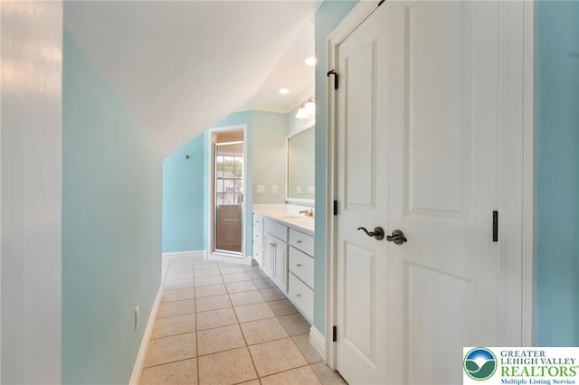 2051 Forge Run, Bethlehem City, PA 18015 - bathroom featuring vanity, tile patterned floors, vaulted ceiling, and recessed lighting