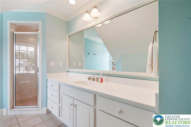 2051 Forge Run, Bethlehem City, PA 18015 - full bath with vanity, crown molding, a shower stall, and tile patterned floors