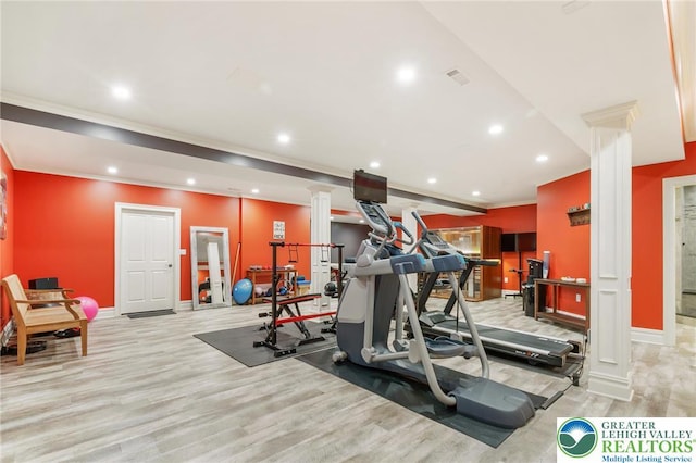 2051 Forge Run, Bethlehem City, PA 18015 - exercise area featuring crown molding, ornate columns, recessed lighting, and light wood-style floors