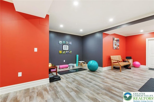2051 Forge Run, Bethlehem City, PA 18015 - exercise area featuring wood finished floors, recessed lighting, and crown molding