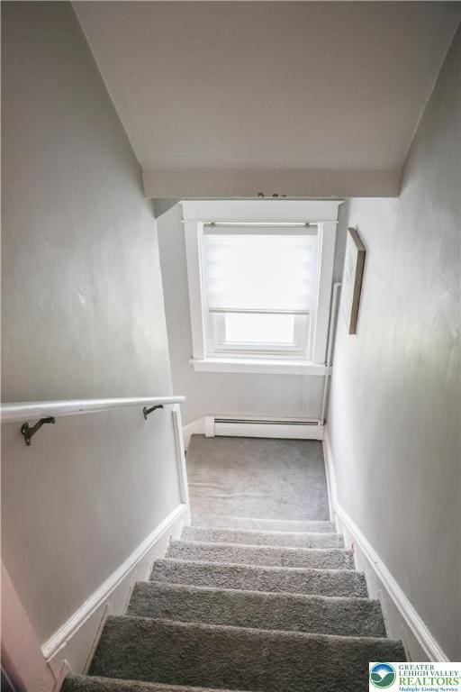 5242 3rd St, Whitehall Twp, PA 18052 - stairs featuring a baseboard heating unit and carpet flooring