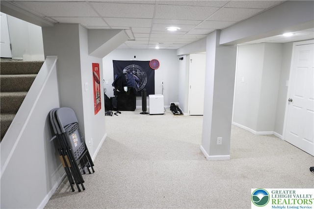 5242 3rd St, Whitehall Twp, PA 18052 - finished basement featuring carpet, a paneled ceiling, and stairs