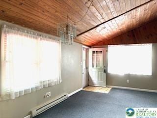 3641 Sequoia Dr, Middle Smithfield Twp, PA 18302 - unfurnished room featuring wooden ceiling, a baseboard radiator, plenty of natural light, lofted ceiling, and a chandelier