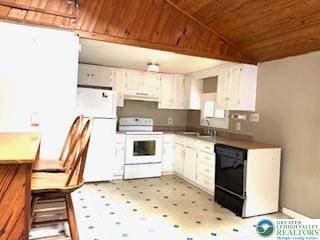 3641 Sequoia Dr, Middle Smithfield Twp, PA 18302 - kitchen featuring white appliances, wooden ceiling, range hood, white cabinets, and light floors