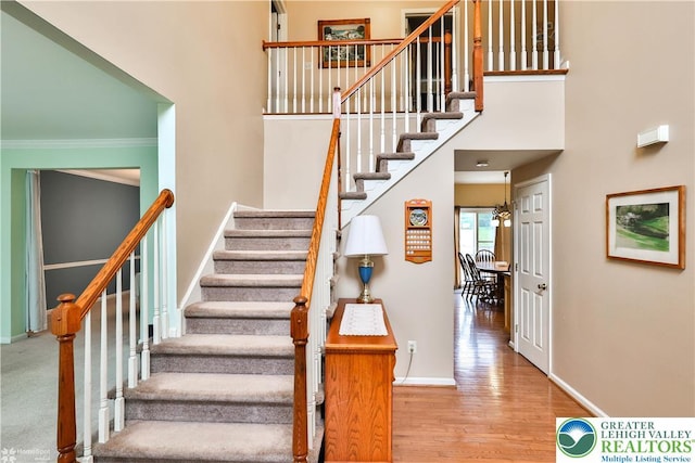 10 Windrift Ct, Easton, PA 18045 - stairs featuring wood finished floors, ornamental molding, and a high ceiling