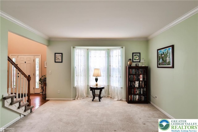 10 Windrift Ct, Easton, PA 18045 - sitting room featuring ornamental molding, carpet, and stairway