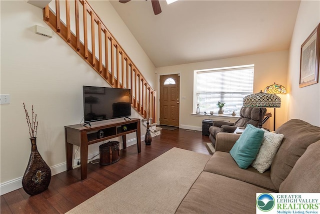 2657 Anthony Ct, Palmer Twp, PA 18045 - living area with stairway, dark wood-type flooring, ceiling fan, and vaulted ceiling