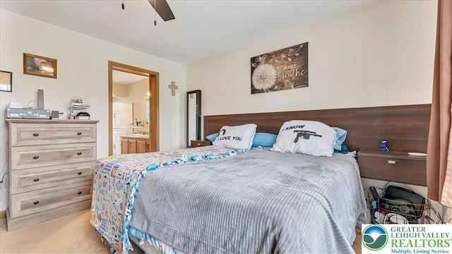 3954 Cedar Dr, Lehigh Twp, PA 18088 - bedroom with carpet flooring, connected bathroom, and ceiling fan