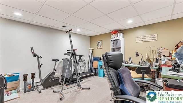 3954 Cedar Dr, Lehigh Twp, PA 18088 - exercise area with carpet flooring, a paneled ceiling, and recessed lighting