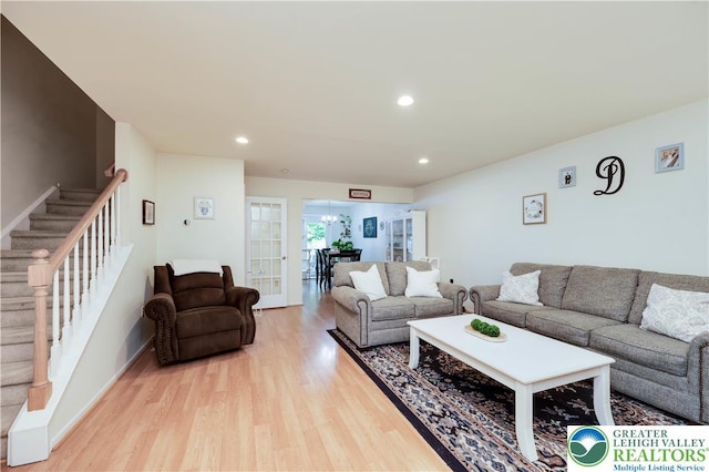 1778 Pinewind Dr, Alburtis Boro, PA 18011 - living area featuring stairway, light wood finished floors, and recessed lighting
