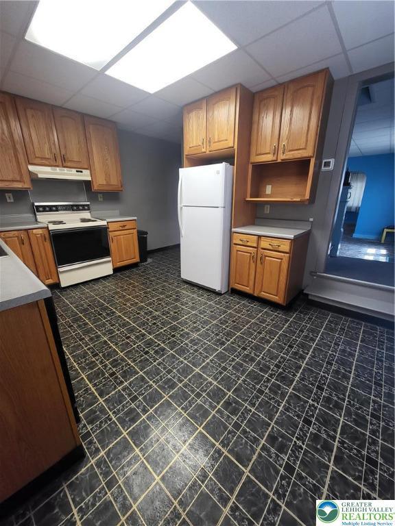 419 E Walnut St, Allentown City, PA 18109 - kitchen with white appliances, under cabinet range hood, a drop ceiling, light countertops, and open shelves