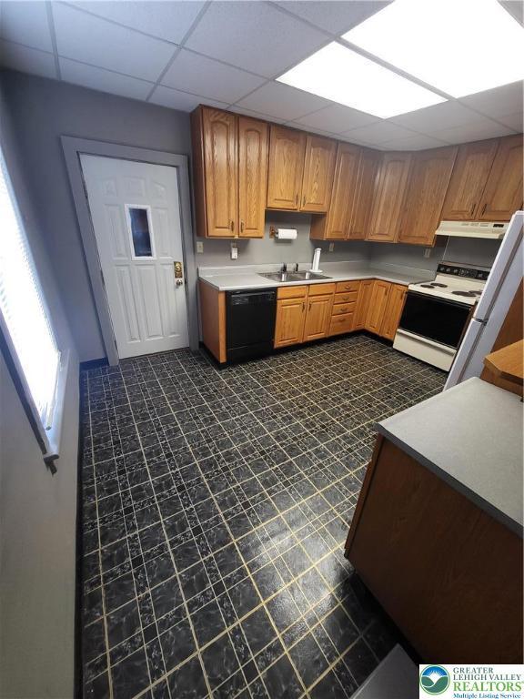 419 E Walnut St, Allentown City, PA 18109 - kitchen with black dishwasher, white electric stove, under cabinet range hood, a drop ceiling, and light countertops
