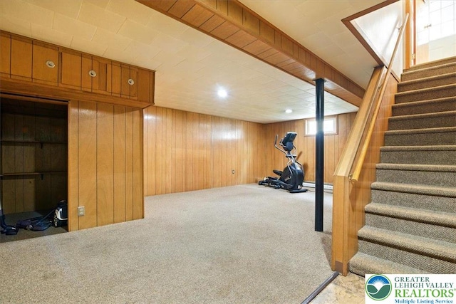 627 Columbia Ave, Palmerton Boro, PA 18071 - basement with wood walls, stairs, and carpet floors