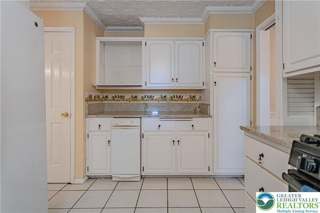 1265 Clearview Cir, Lower Macungie Twp, PA 18103 - kitchen with crown molding, white cabinets, light tile patterned flooring, range, and light stone countertops