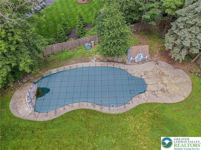 1265 Clearview Cir, Lower Macungie Twp, PA 18103 - view of pool featuring a fenced backyard, a patio, and an outdoor structure