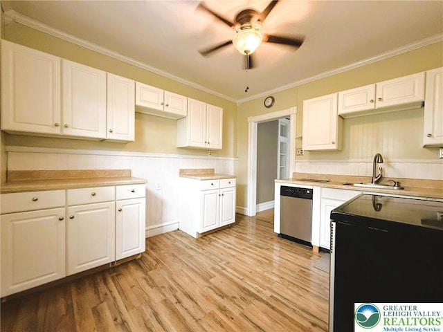 233 Lafayette Ave, Palmerton Boro, PA 18071 - kitchen with stainless steel dishwasher, a ceiling fan, fridge, white cabinets, and ornamental molding