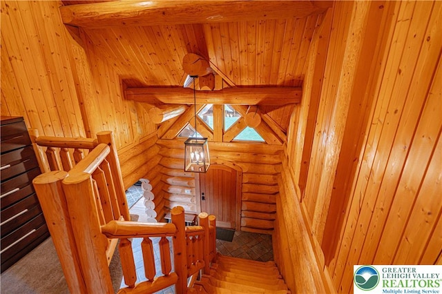 379 Meyer Rd, Bushkill Twp, PA 18064 - staircase with log walls, beamed ceiling, and a sauna