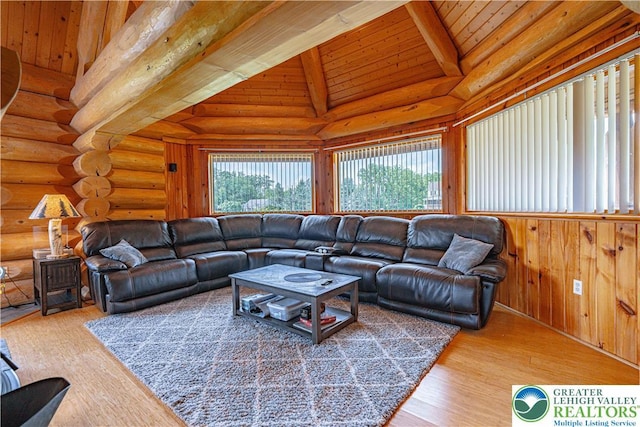 379 Meyer Rd, Bushkill Twp, PA 18064 - living room featuring wood ceiling, wood finished floors, and rustic walls