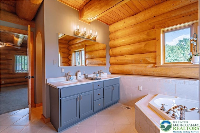 379 Meyer Rd, Bushkill Twp, PA 18064 - bathroom featuring rustic walls, a wooden ceiling with exposed beams, plenty of natural light, double vanity, and tile patterned floors