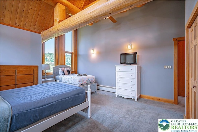 379 Meyer Rd, Bushkill Twp, PA 18064 - carpeted bedroom with vaulted ceiling, a baseboard heating unit, and wooden ceiling