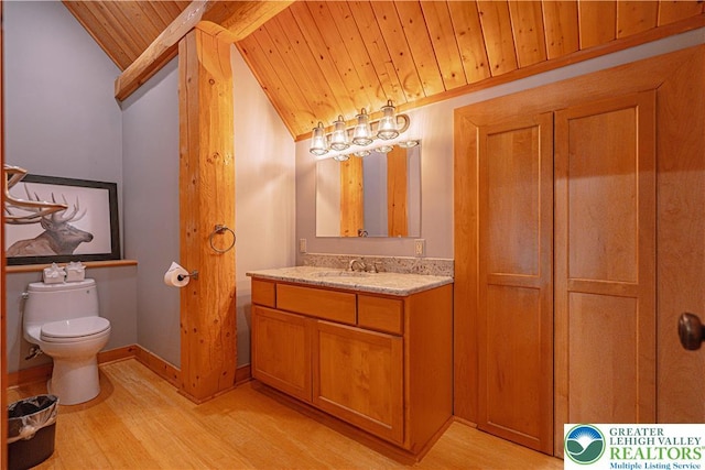 379 Meyer Rd, Bushkill Twp, PA 18064 - bathroom with wooden ceiling, lofted ceiling, wood finished floors, and vanity