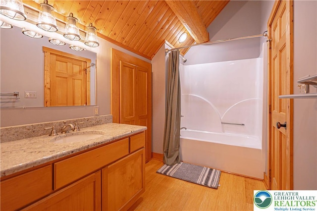 379 Meyer Rd, Bushkill Twp, PA 18064 - bathroom featuring wood finished floors, vanity, shower / bath combination with curtain, wooden ceiling, and lofted ceiling