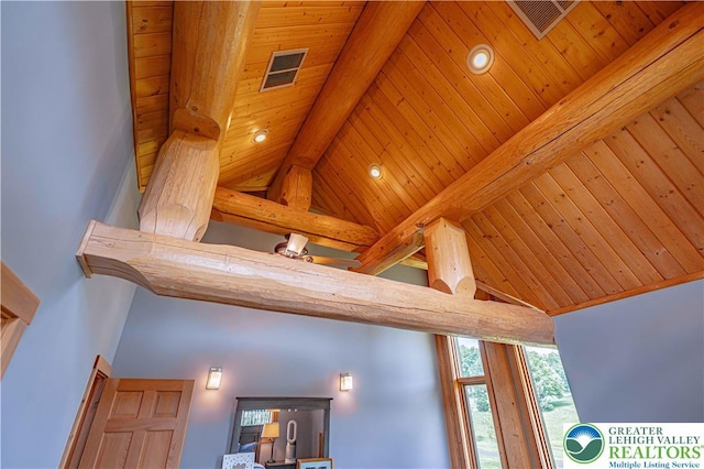 379 Meyer Rd, Bushkill Twp, PA 18064 - detailed view of a wood ceiling with exposed beams and recessed lighting