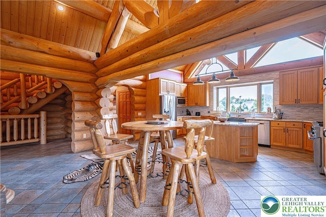 379 Meyer Rd, Bushkill Twp, PA 18064 - kitchen with stainless steel appliances, light countertops, a kitchen island, decorative backsplash, and wood ceiling
