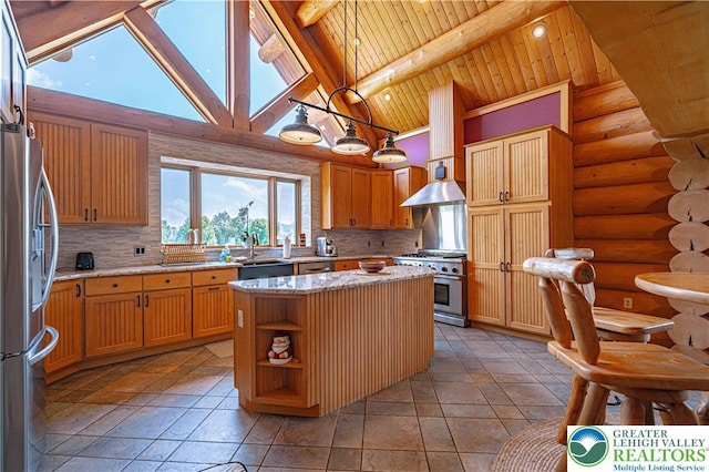379 Meyer Rd, Bushkill Twp, PA 18064 - kitchen with stainless steel appliances, backsplash, a wooden ceiling with exposed beams, light stone counters, and rustic walls
