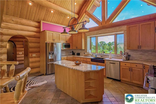 379 Meyer Rd, Bushkill Twp, PA 18064 - kitchen featuring stainless steel appliances, log walls, light tile patterned floors, a wood ceiling with exposed beams, and open shelves