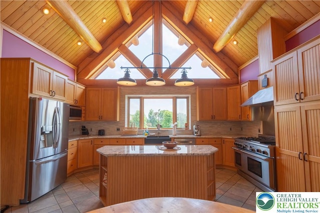 379 Meyer Rd, Bushkill Twp, PA 18064 - kitchen with appliances with stainless steel finishes, exhaust hood, a wooden ceiling with exposed beams, a kitchen island, and decorative backsplash