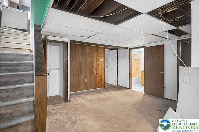 815 Summit Ave, Prospect Park, PA 19076 - finished below grade area with stairway, wood walls, and carpet flooring