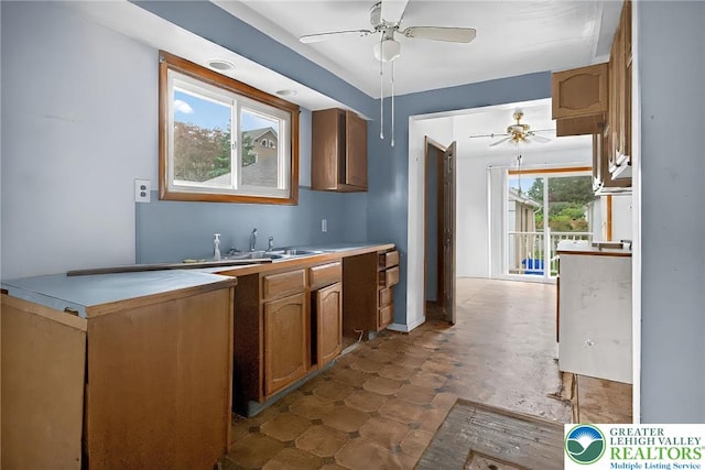 815 Summit Ave, Prospect Park, PA 19076 - kitchen featuring ceiling fan, brown cabinets, and light countertops